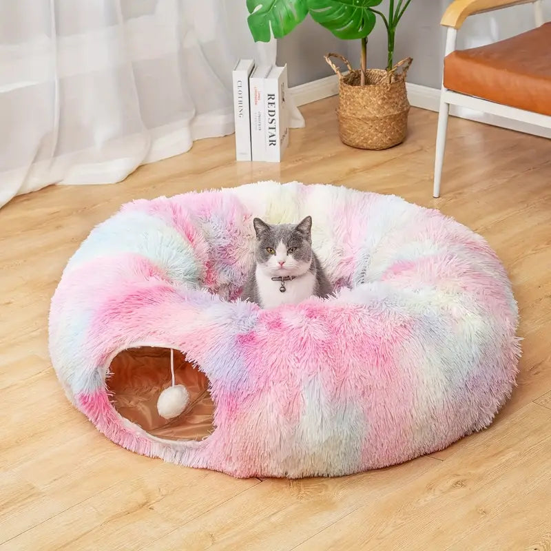 Cozy Plush Cat Tunnel Nest with Hanging Ball Toy - Perfect Kitten Hideaway