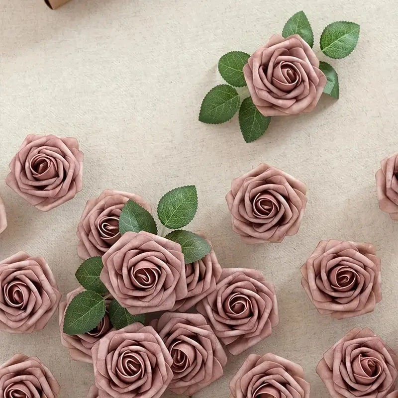 Dusty Rose Artificial Roses Flowers (25pcs) - Real Touch PE Foam, Flexible Wire Stems