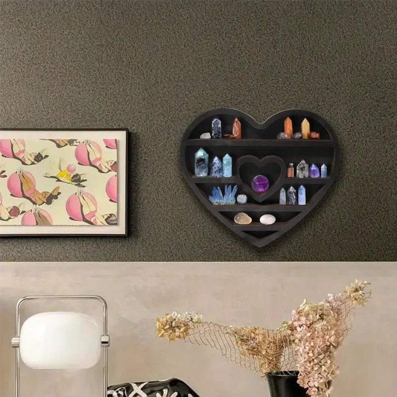 Two hearts intertwine in this beautifully crafted crystal wood shelf