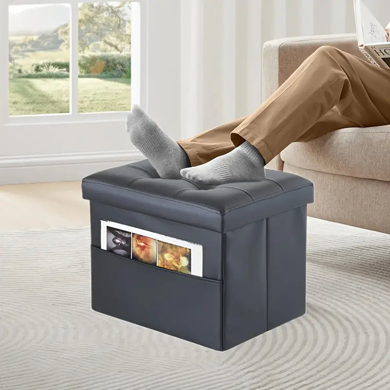 Black PU Leather Storage Ottoman: Folding Foot Stool with Thicker Foam