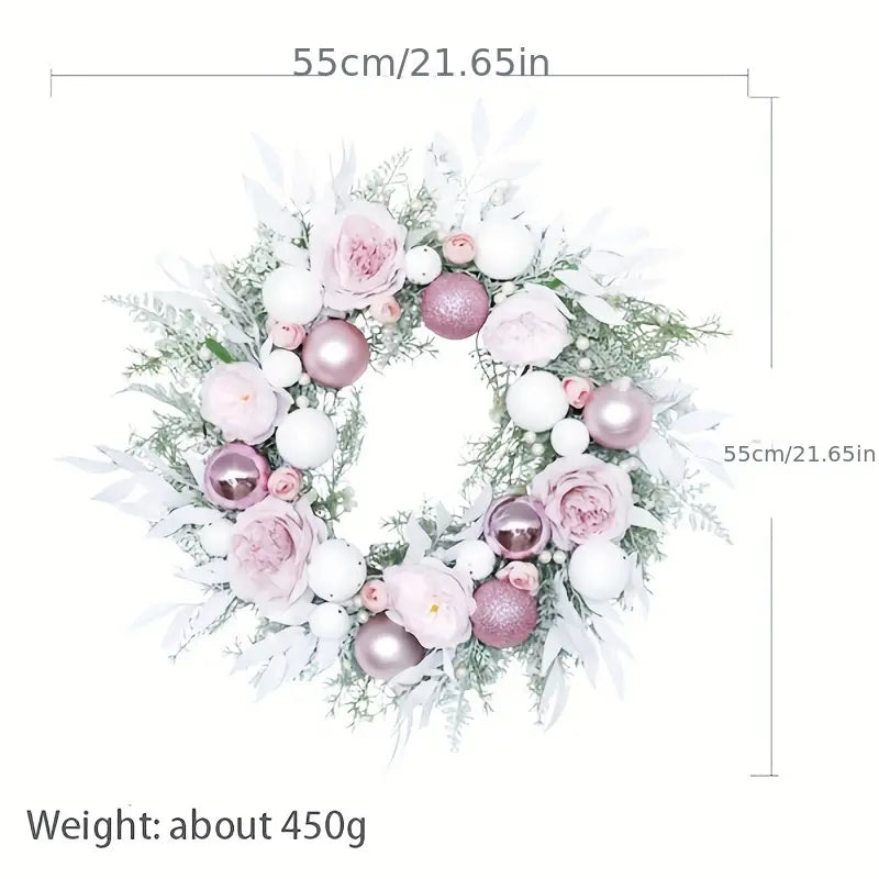 Blushing Elegance: A Pink Christmas Wreath Adorned with Baubles