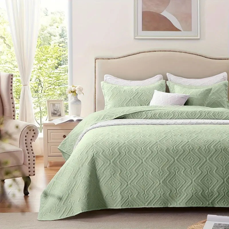 Grass Green Microfiber 3-Piece 150GSM Bedspread Set - Queen Size