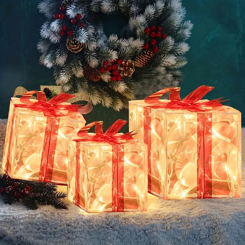 Sparkling Trio: Festive LED Christmas Gift Boxes Set
