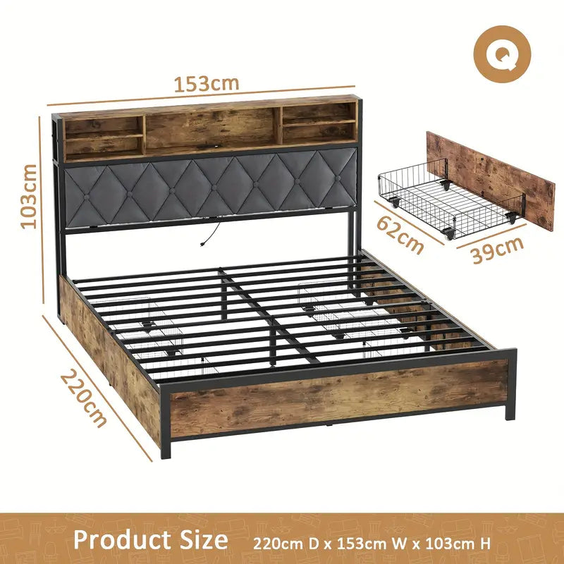 Queen Size Bed Frame with Drawers, Shelf, Headboard & Charging Station(Brown)