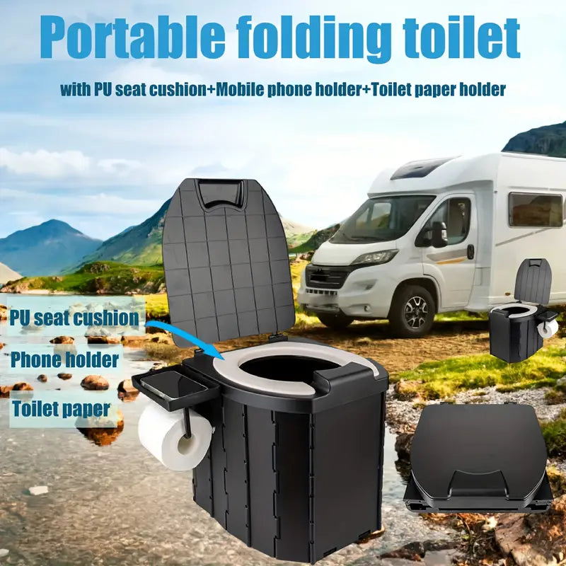 Portable Folding Toilet with PU Seat Cushion - Ideal for RV, Car, Camping