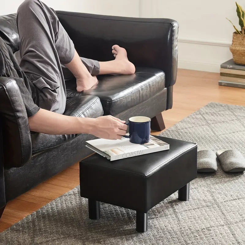 Small Wooden Leg Ottoman: Black PU Faux Leather Footrest