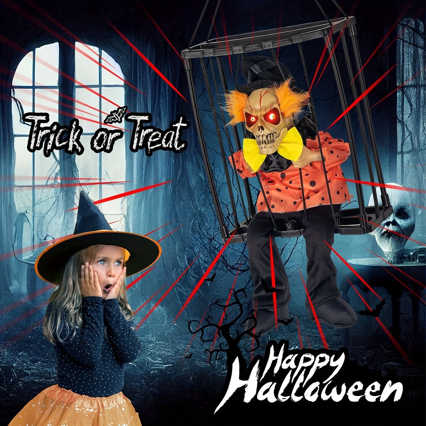 Halloween Screaming Clown Cage Decoration with Lights