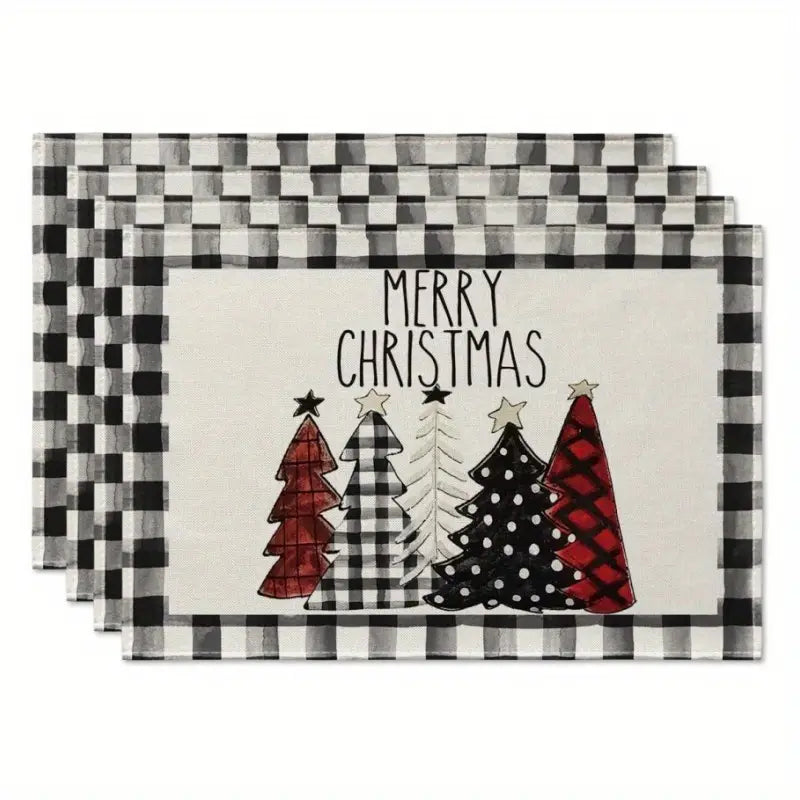Set of 4 Buffalo Plaid Christmas Trees Placemats - Festive Winter Table Mats