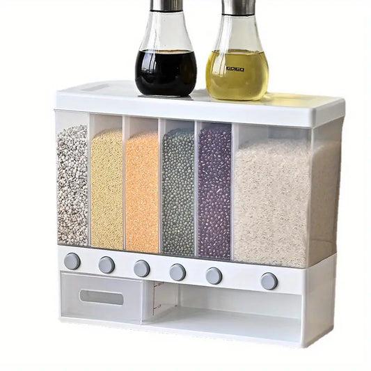 1pc Wall-Mounted Multi-Grid Food Dispenser - Large Capacity Rice Bucket