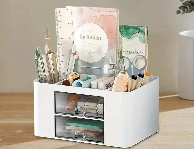 White Pen Organizer with 2 Drawers - Multi-Functional Desk and Office Supplies Holder- White