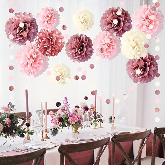 Dusty Rose Blush Pink Tissue Pom Poms Flowers Set - 15pcs Lotus Root Paper Flowers