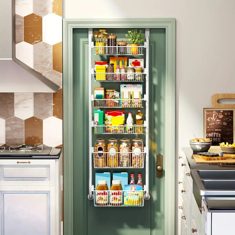 White Multi-Layer Metal Hanging Storage Basket - Over the Door Organizer with 6 Tiers