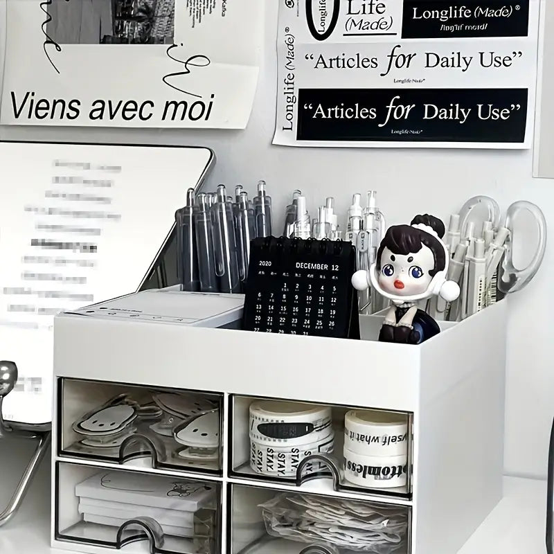 White Acrylic 4-Drawer Desktop Organizer with Open Tray Top