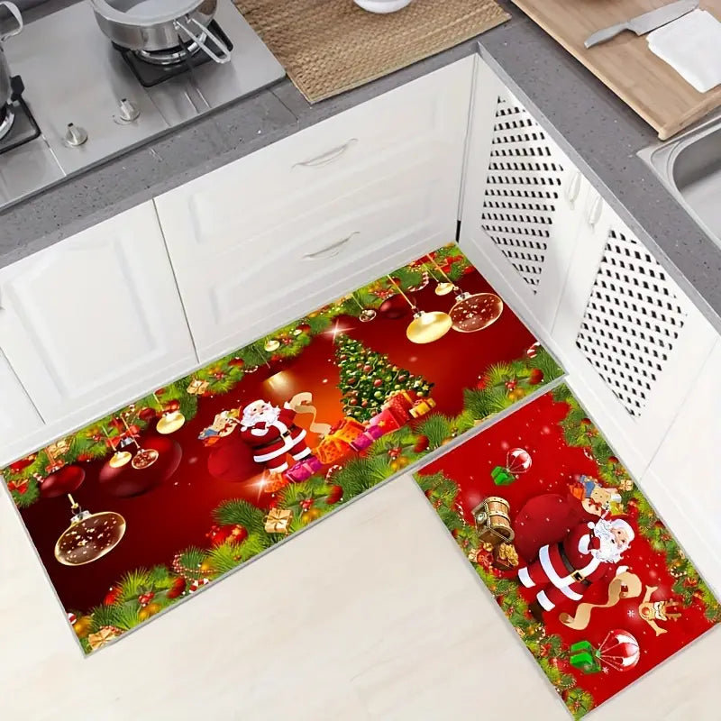 Add Festive Cheer with 2pcs Red Santa Claus Kitchen Mat Set