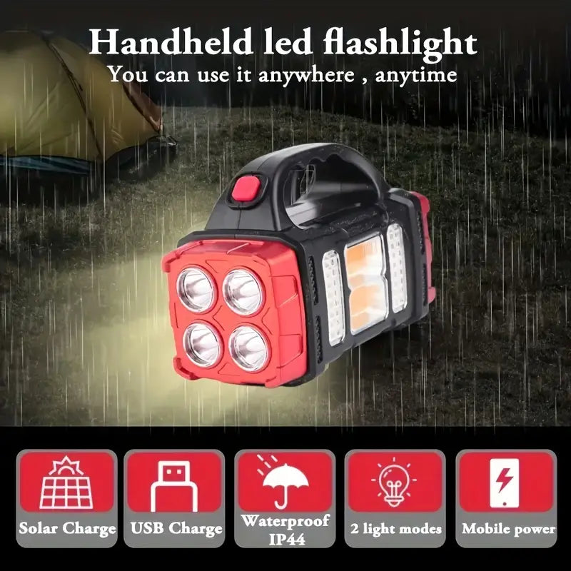 Red Tactical LED Solar Camping Light - Portable Rechargeable Flashlight