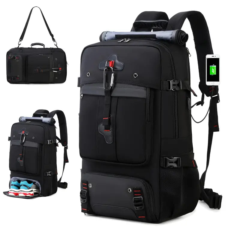 50L Large Capacity Waterproof Hiking Backpack with Shoe Compartment - Black