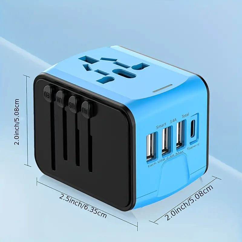 Universal Travel Adapter with 4 USB Ports and Type-C Port - Blue
