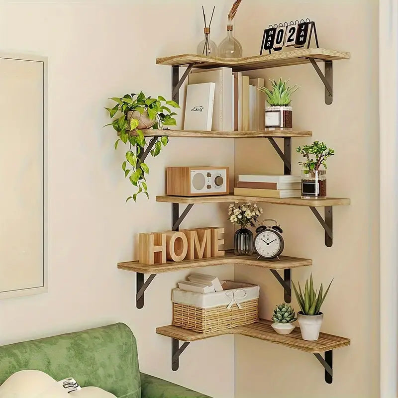 Set of 5 Rustic Wooden Corner Floating Shelves - Wall Mounted Storage Racks