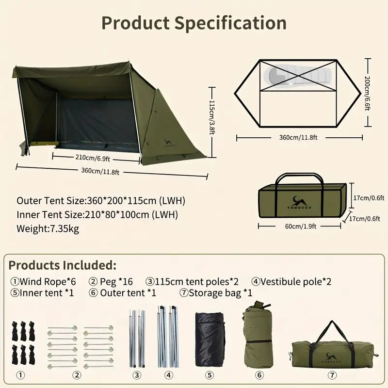 All-Season Hexagonal Camping Tent for 1-2 Persons - Army Green