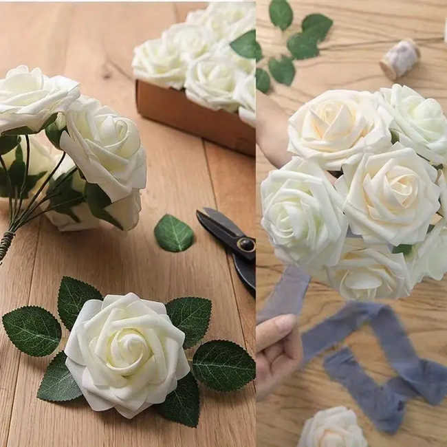 50-Piece Silk Black Roses Combo Box Set | Artificial Flowers(White)