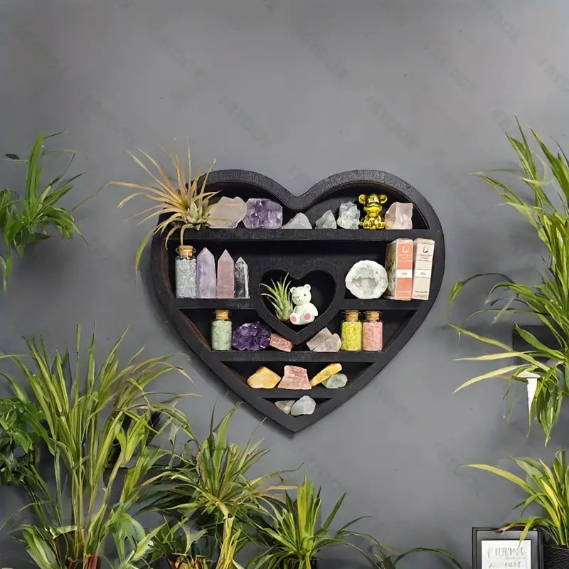 Two hearts intertwine in this beautifully crafted crystal wood shelf