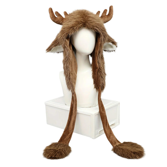 Winter Hat with Warm Moose Antlers Faux Fur