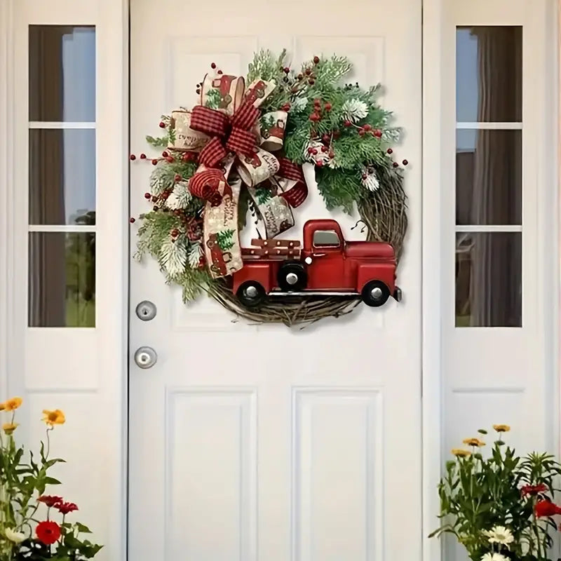 Charming 1pc Christmas Artificial Wreath Red Truck Decoration | Large Door Front Wreath