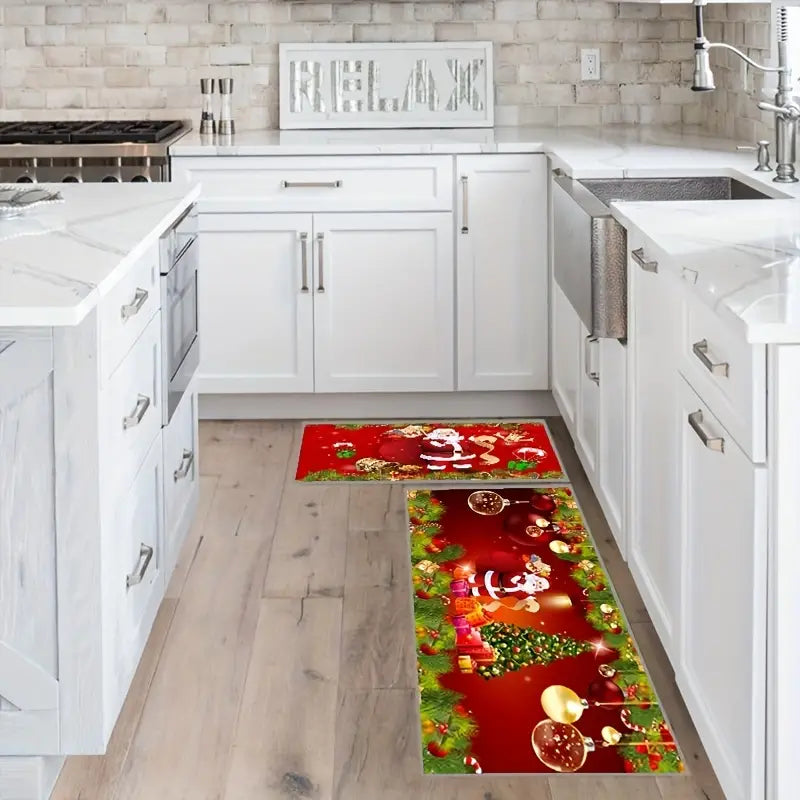 Add Festive Cheer with 2pcs Red Santa Claus Kitchen Mat Set