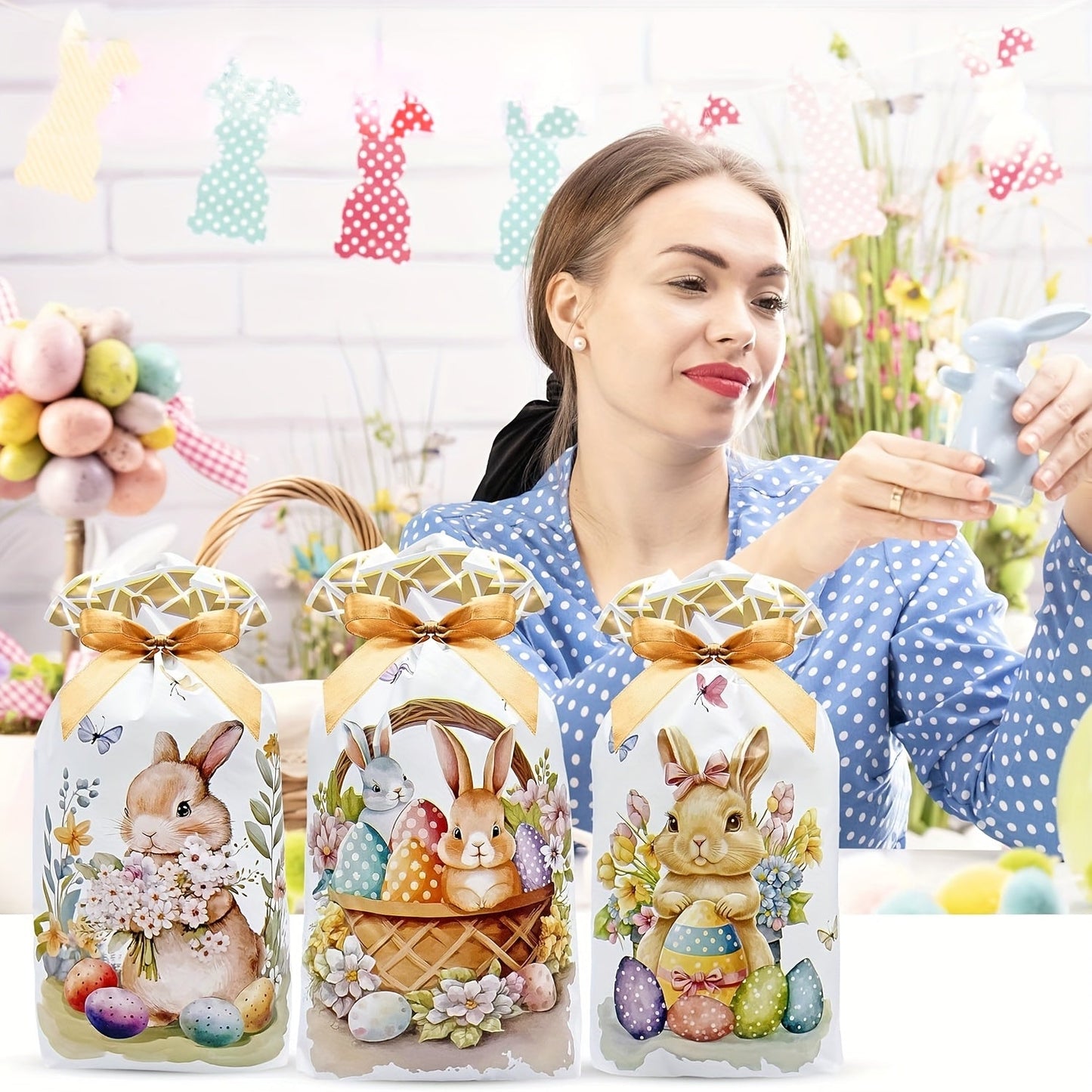 50-Pack Easter Bunny Gift Bags with Ribbons