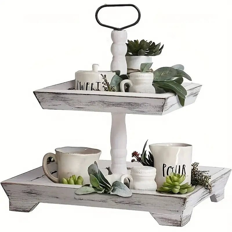 Rustic Wood Tiered Tray Stand - Farmhouse Chic Daily Decor