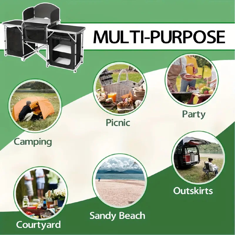 Portable Foldable Outdoor Kitchen Table with Food Storage Organizer