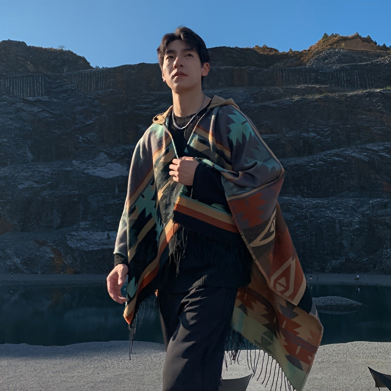 Windproof Cape Boho Geometric Shawl Wrap with Fringe