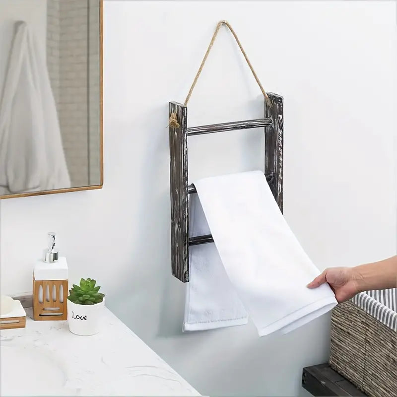 Rustic Wood Wall Hanging Towel Rack with 3 Tiers - Shabby Chic Style