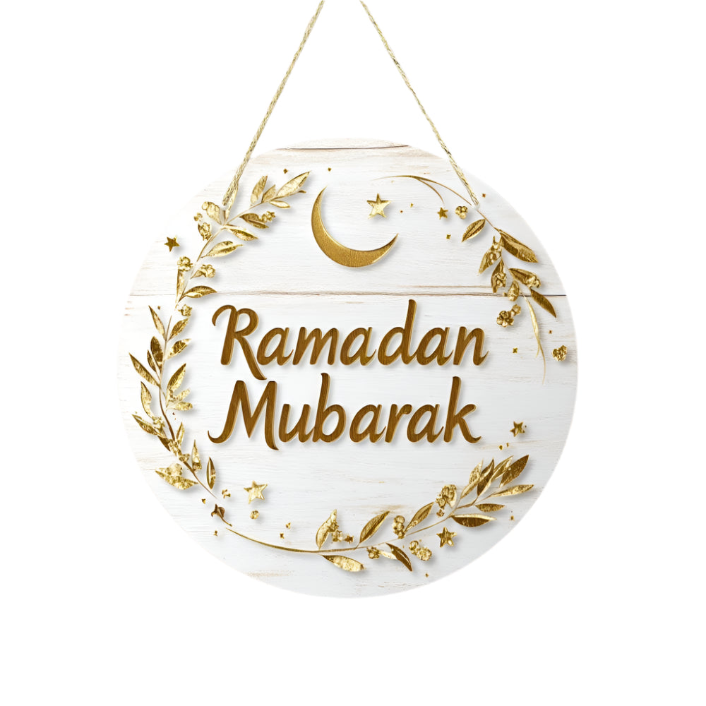 Ramadan Mubarak Wooden Hanging Plaque with Crescent Moon
