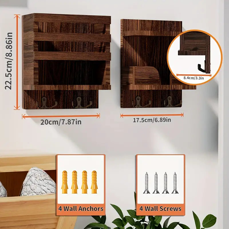 Traditional Wooden Wall-Mounted Storage Shelf with Hooks