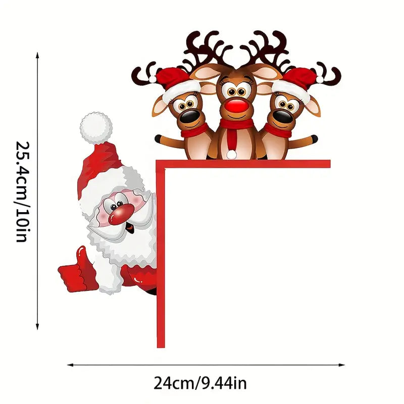 Christmas Door Corner Sign: Santa & Reindeer Wooden Frame Decoration