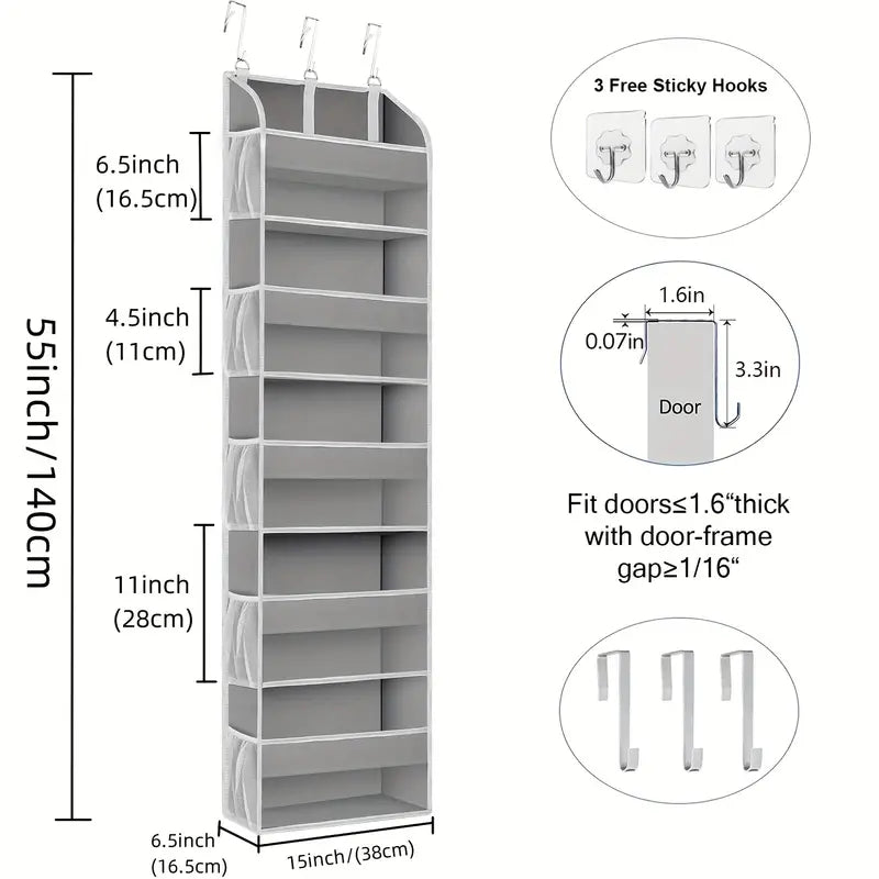 5-Shelf Over-the-Door Organizer with 10 Large Pockets - Light Gray