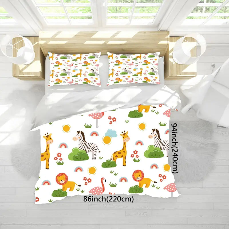 Cartoon Animal Microfiber Duvet Cover Set - Lion, Flamingo, Deer, Zebra Print (3pcs)