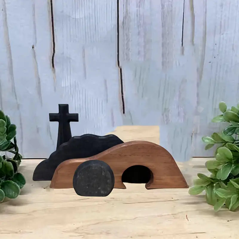 Handcrafted Wooden Cross Empty Tomb Easter Statue Set - Maple and Hickory Hardwood