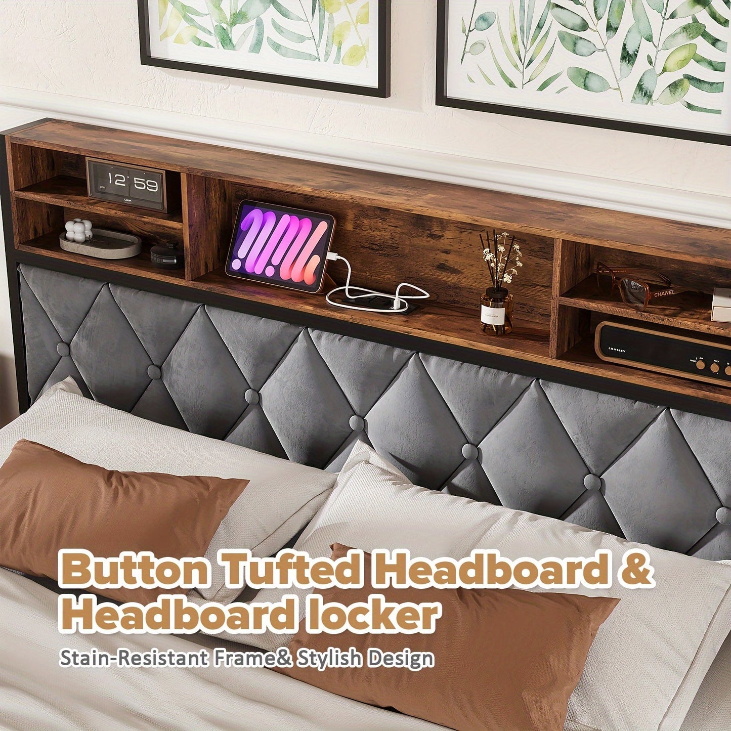 Queen Size Bed Frame with Drawers, Shelf, Headboard & Charging Station(Brown)