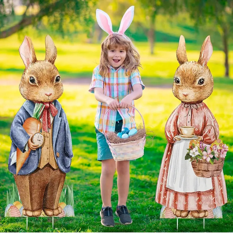 Easter Yard Signs Duo with Stakes - Whimsical 89.92cm Large Bunny Lawn Decorations (2pcs)