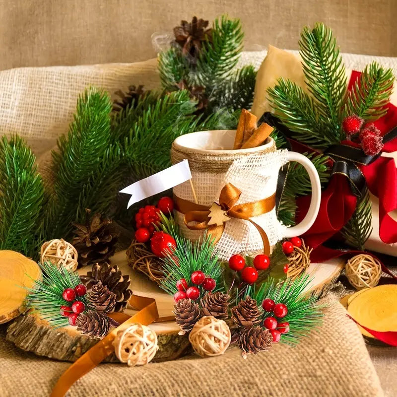 Set of 10 Artificial Christmas Picks - Festive Red Berry Holly Branches for Tree Decor