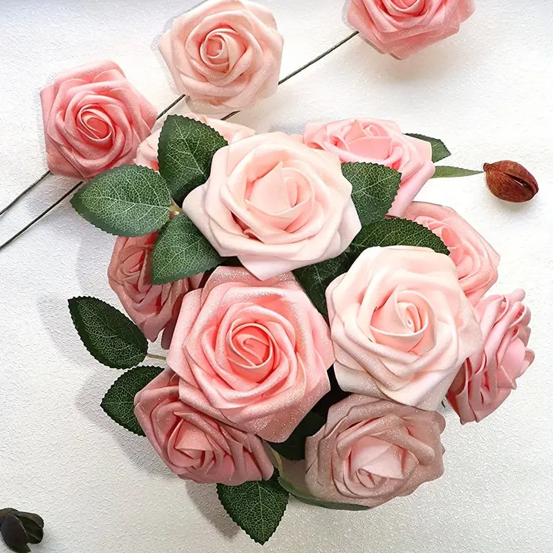 25-Piece Real Touch Artificial Rose Flower Arrangement - Shimmer Blush & Peach