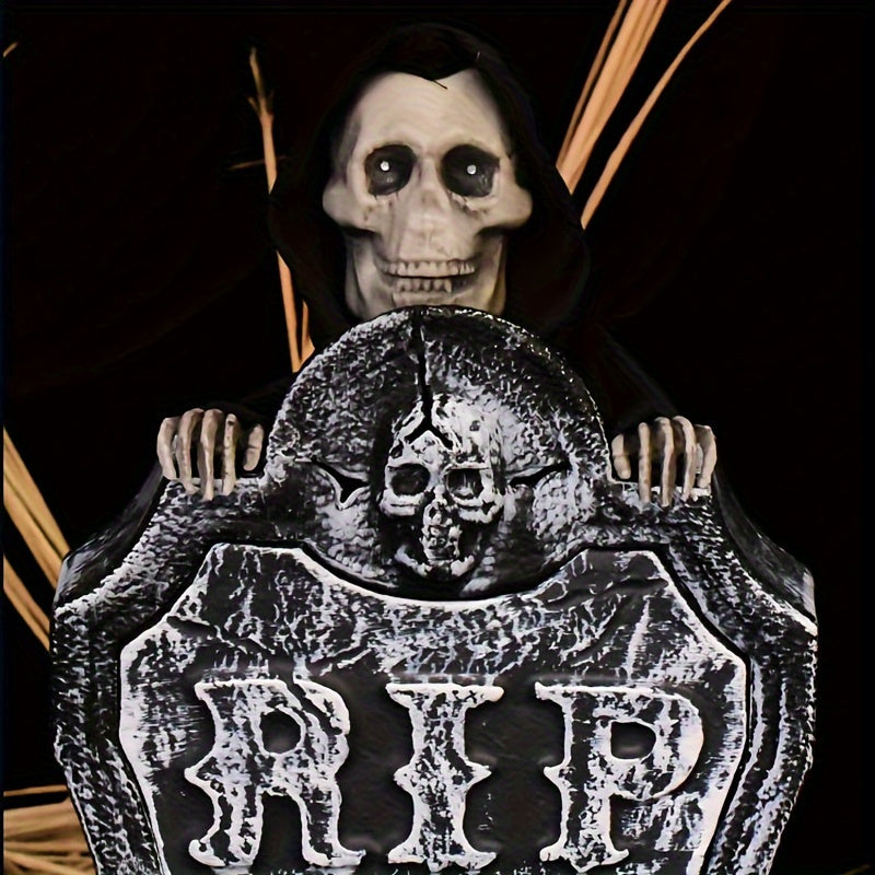 Glowing Halloween Tombstone with Red Light Skull