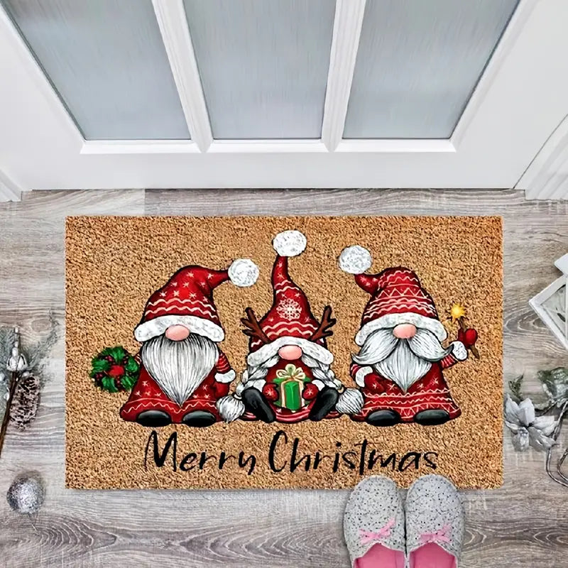 Cheerful Christmas Gnome Welcome Doormat | Indoor/Outdoor Washable Rug