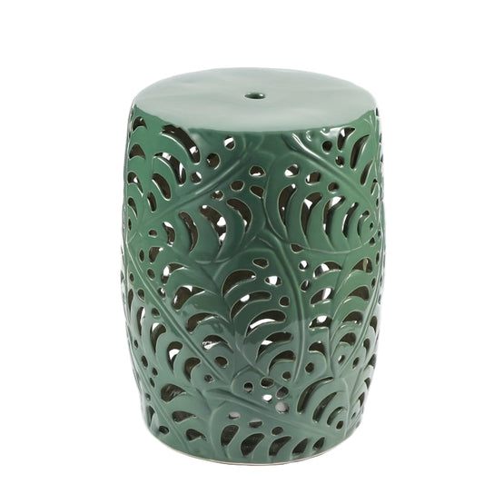 Ceramic Drum Stool Emerald Green Leaf