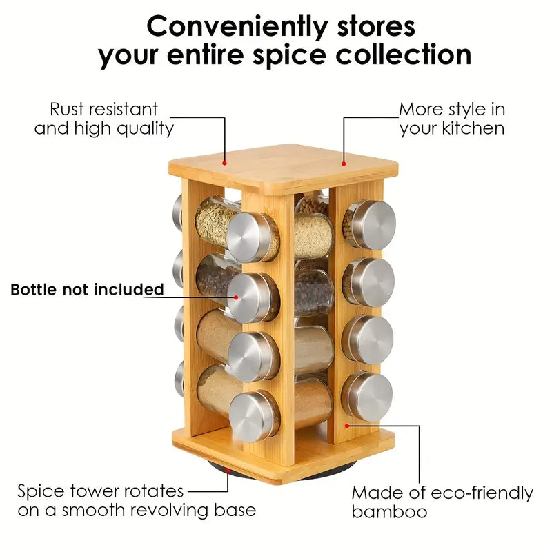 Bamboo Revolving Spice Rack - 16-Jar Countertop Organizer for Kitchen Storage
