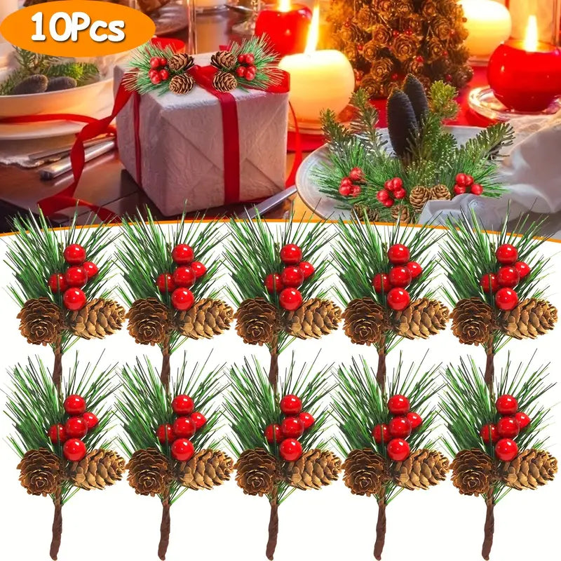 Set of 10 Artificial Christmas Picks - Festive Red Berry Holly Branches for Tree Decor