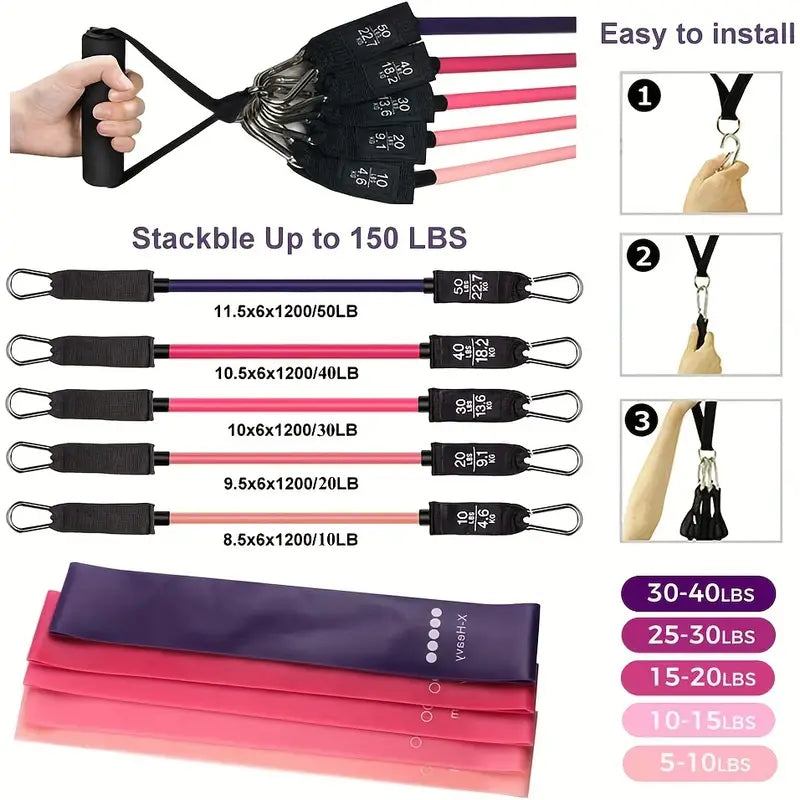 17pcs Fitness Resistance Bands Set – Medium Tension