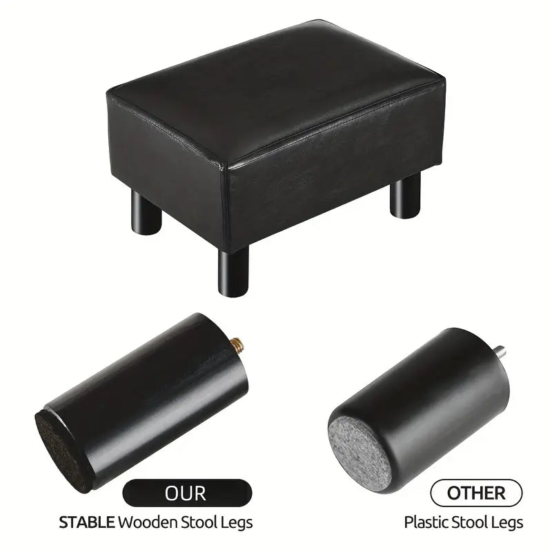 Small Wooden Leg Ottoman: Black PU Faux Leather Footrest